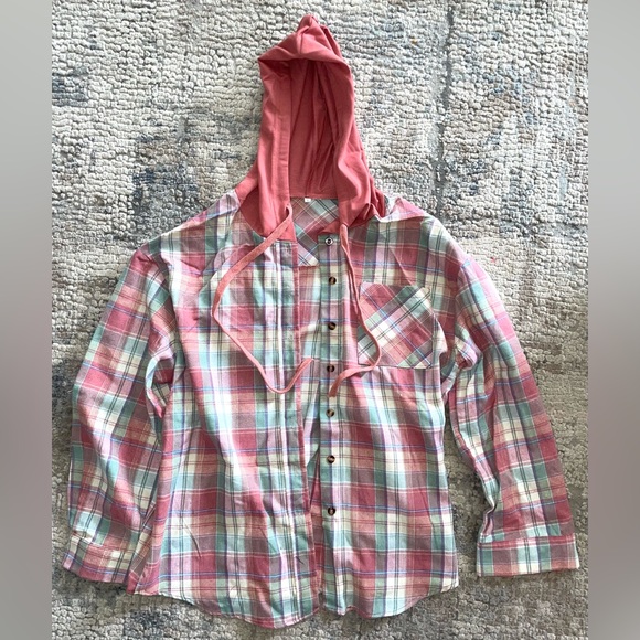 Tops - Plaid Button-Up Shirt with Hood size large